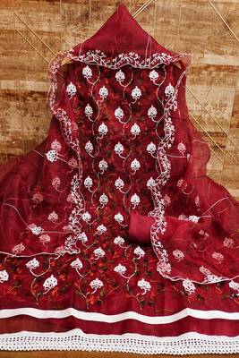 Maroon colour with heavy squince embroidered work oraganza semi stitched dress with unstitched bottom 2