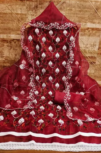 Maroon colour with heavy squince embroidered work oraganza semi stitched dress with unstitched bottom