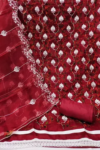 Maroon colour with heavy squince embroidered work oraganza semi stitched dress with unstitched bottom