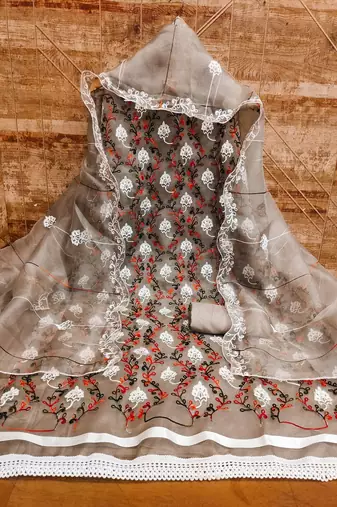 Grey colour with heavy squince embroidered work oraganza semi stitched dress with unstitched bottom