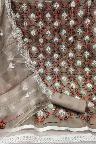 Grey colour with heavy squince embroidered work oraganza semi stitched dress with unstitched bottom