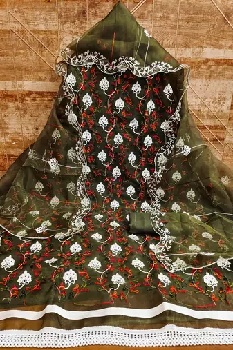 Green colour with heavy squince embroidered work oraganza semi stitched dress with unstitched bottom