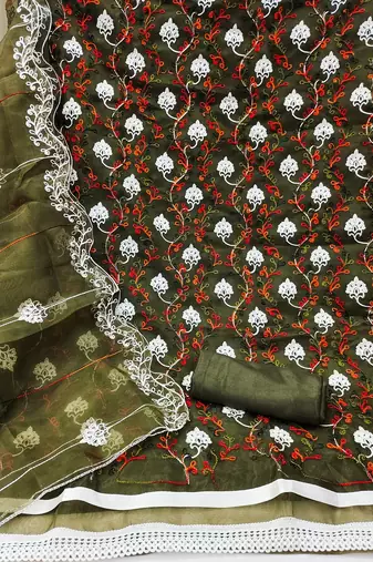 Green colour with heavy squince embroidered work oraganza semi stitched dress with unstitched bottom