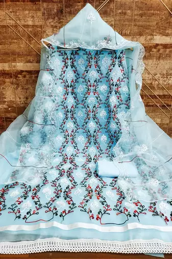 Aqua colour with heavy squince embroidered work oraganza semi stitched dress with unstitched bottom