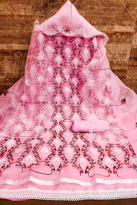 Pink colour with heavy squince embroidered work oraganza semi stitched dress with unstitched bottom 2