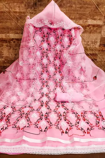 Pink colour with heavy squince embroidered work oraganza semi stitched dress with unstitched bottom