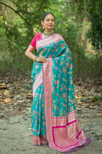 Rama Green Soft katan silk blend Zari Weaving Saree Festive Wear