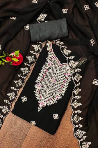 Black colour with embroidered work georgette semi stitched dress with unstitched bottom