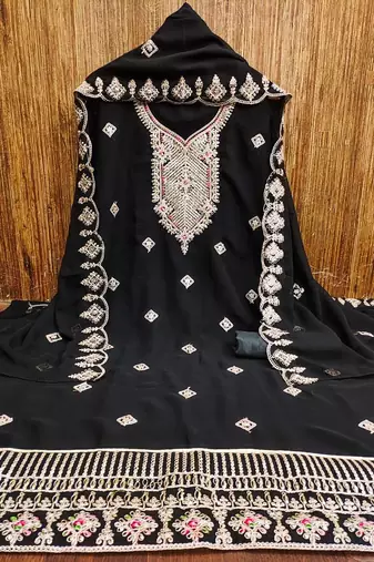Black colour with embroidered work georgette semi stitched dress with unstitched bottom