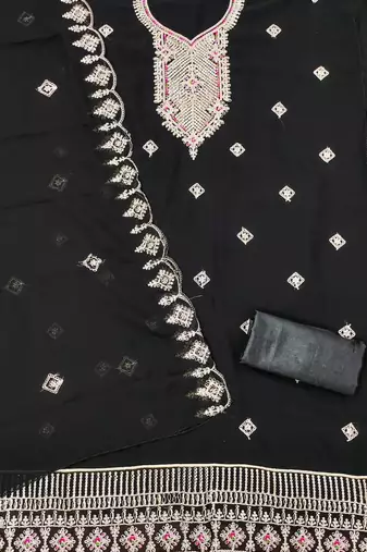 Black colour with embroidered work georgette semi stitched dress with unstitched bottom