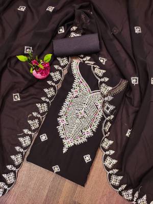 Brown colour with embroidered work georgette semi stitched dress with unstitched bottom 1