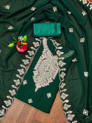 Greencolour with embroidered work georgette semi stitched dress with unstitched bottom 1