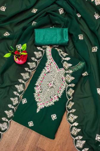 Greencolour with embroidered work georgette semi stitched dress with unstitched bottom