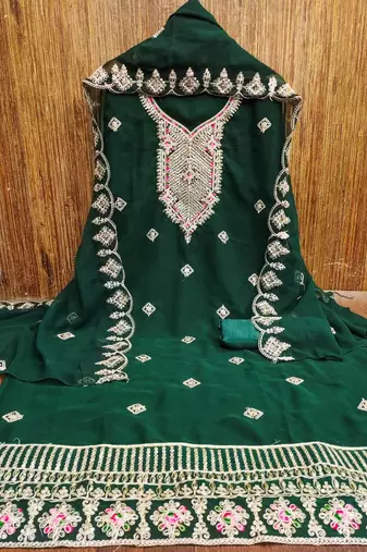 Greencolour with embroidered work georgette semi stitched dress with unstitched bottom