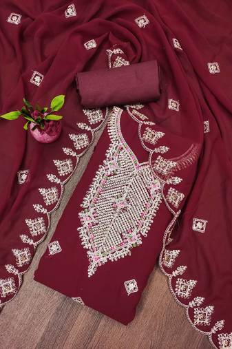 Maroon colour with embroidered work georgette semi stitched dress with unstitched bottom