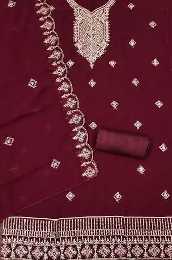 Maroon colour with embroidered work georgette semi stitched dress with unstitched bottom