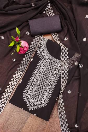 Brown colour with embroidered work georgette semi stitched dress with unstitched bottom