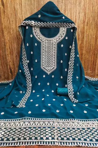Teal colour with embroidered work georgette semi stitched dress with unstitched bottom