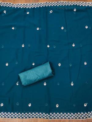 Teal colour with embroidered work georgette semi stitched dress with unstitched bottom 4