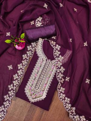 Purple colour with embroidered work georgette semi stitched dress with unstitched bottom 1