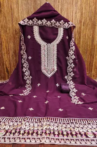 Purple colour with embroidered work georgette semi stitched dress with unstitched bottom