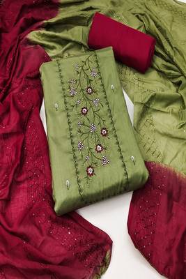 Green colour with embrodiery work chanderi cotton semi stitched dress with unstitehed bottom 1