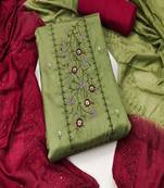 Green colour with embrodiery work chanderi cotton semi stitched dress with unstitehed bottom