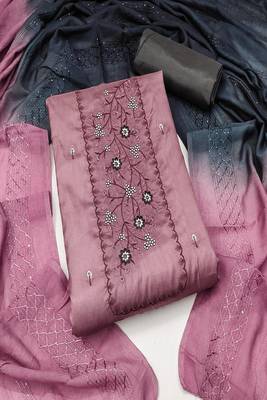 Pink colour with embrodiery work chanderi cotton semi stitched dress with unstitehed bottom 1