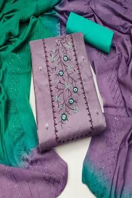 Purple colour with embrodiery work chanderi cotton semi stitched dress with unstitehed bottom 1