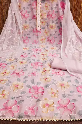 Lavender Organza Embroidered Unstitched Dress Material