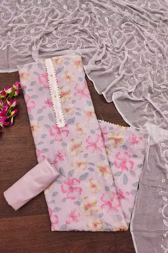 Lavender Organza Embroidered Unstitched Dress Material