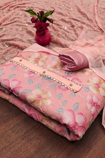 Peach Organza Embroidered Unstitched Dress Material