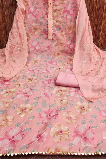 Peach Organza Embroidered Unstitched Dress Material