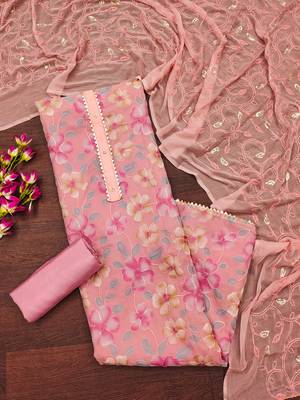 Peach Organza Embroidered Unstitched Dress Material 3