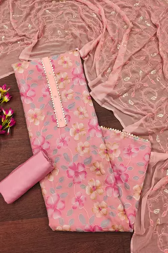 Peach Organza Embroidered Unstitched Dress Material
