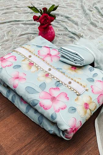 Sky Blue Organza Embroidered Unstitched Dress Material
