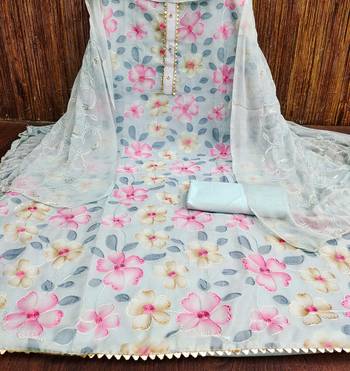 Sky Blue Organza Embroidered Unstitched Dress Material 2