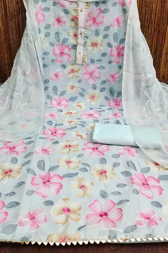 Sky Blue Organza Embroidered Unstitched Dress Material