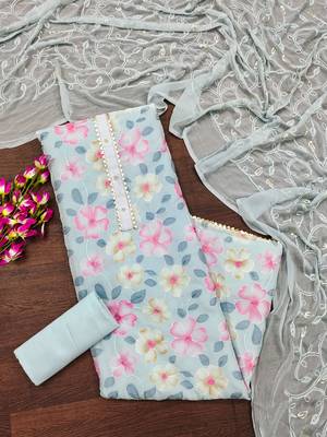Sky Blue Organza Embroidered Unstitched Dress Material 3