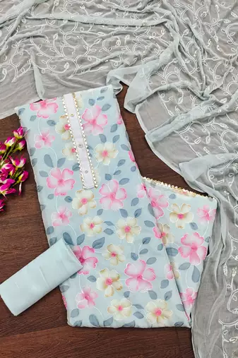 Sky Blue Organza Embroidered Unstitched Dress Material