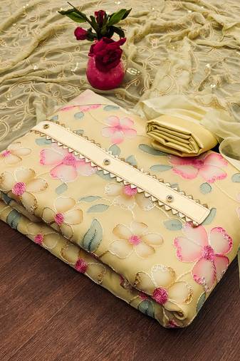 Yellow Organza Embroidered Unstitched Dress Material