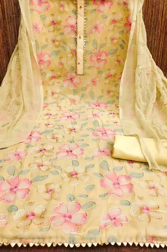 Yellow Organza Embroidered Unstitched Dress Material