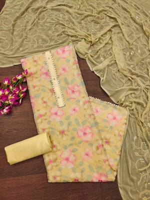 Yellow Organza Embroidered Unstitched Dress Material 3