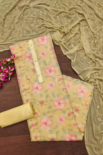 Yellow Organza Embroidered Unstitched Dress Material