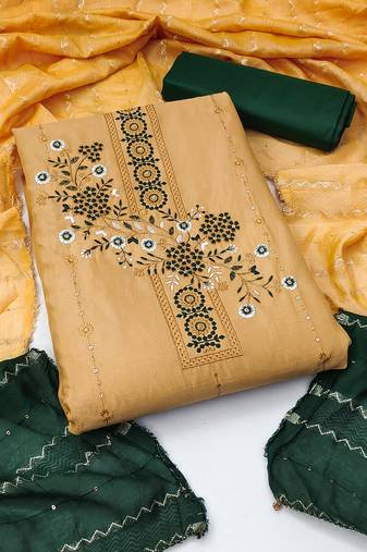 Musterd colour with embroidered work georgette semi stitched dress with unstitched bottom