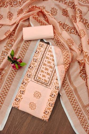 Peach colour with embroidered work cotton  semi stitched dress with unstitched bottom