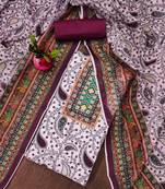 Wine colour with embroidered work cotton semi stitched dress with unstitched bottom