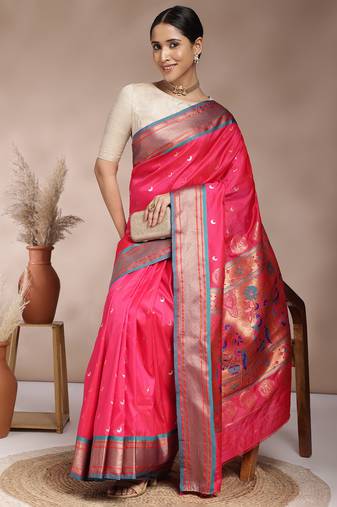 Pink woven design paithani silk zari work saree