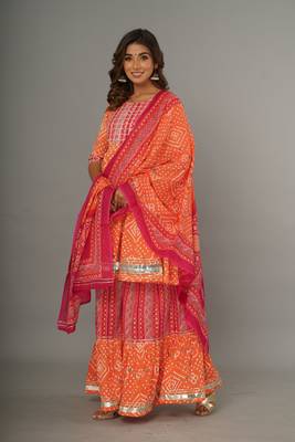Bandhani Yoke Design Peplum Kurta with Sharara & Dupatta 1