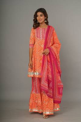 Bandhani Yoke Design Peplum Kurta with Sharara & Dupatta 3